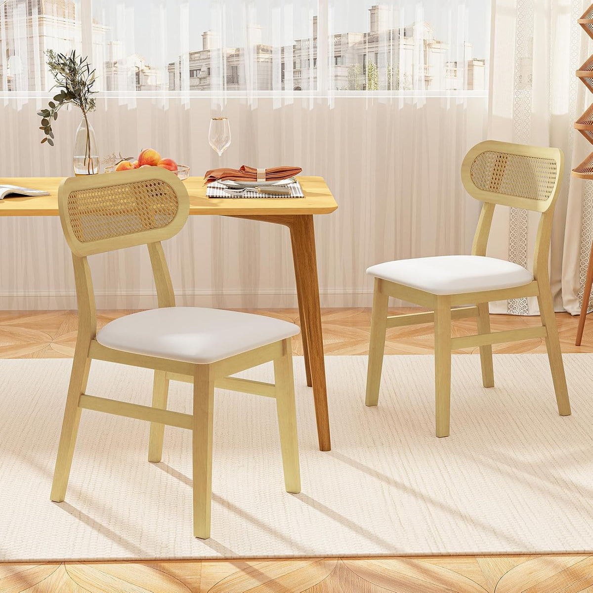 Giantex Wooden Dining Chairs Set of 2, Faux Leather Upholstered Kitchen Chairs w/Breathable Mesh Cane Backrest, Rubber Wood Frame, Padded Seat, Farmhouse Armless Dining Room Chair, Natural