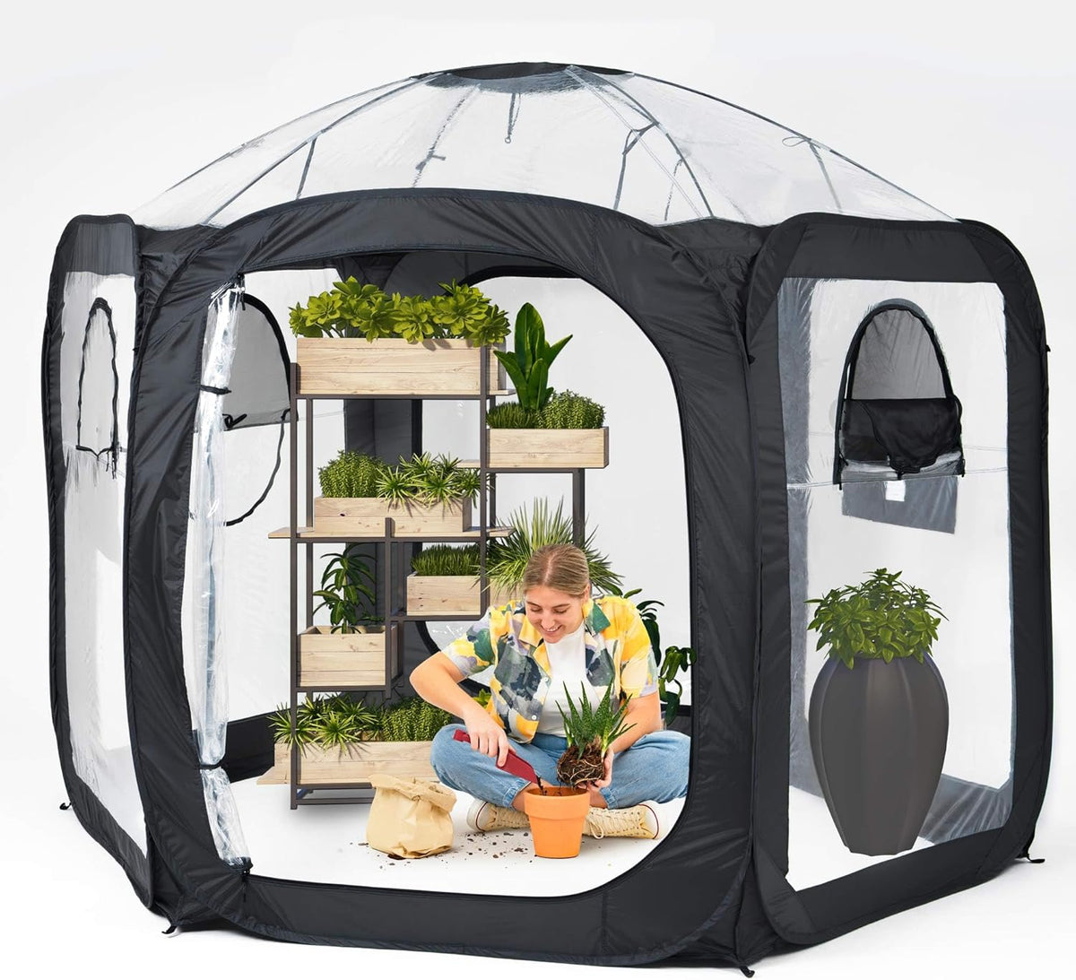 Porayhut Pop Up Greenhouse Tent,Portable Large Walk-in Plant House 10’X10’ ,Indoor Outdoor Gardening Plant Sunshine Room with PVC Mesh Cloth Cover for Protecting Plant from Cold Frost & Birds