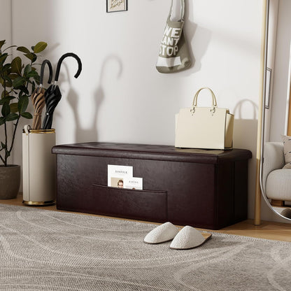 43 Inches Folding Storage Ottoman Bench, Foldable Foot Rest Stool End of Bed Bench with Side Pocket, Storage Chest for Living Room, Entryway & Bedroom (Brown)
