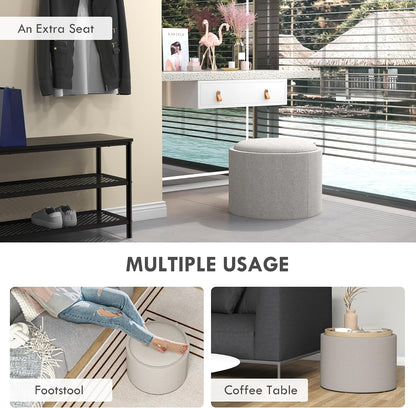 HOMCOM Round Storage Ottoman with Flip Top Tray, Footstool, Light Gray | Upholstered Fabric, Small Coffee Table, Hidden Compartment, Accent Vanity Stool, Living Room