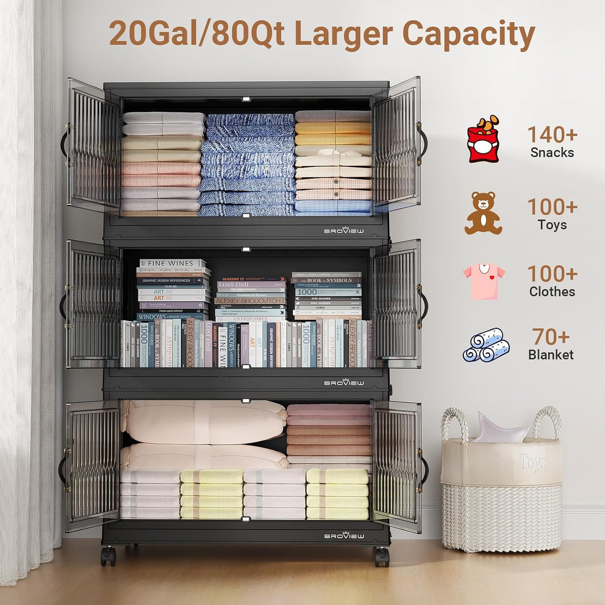 BROVIEW 320Qt Stackable Storage Bins with Lid, Extra Large Closet Organizer Collapsible Drawer Boxes with Wheels, Folding Plastic Cabinet Containers for Home Kitchen Room Organization, 4Pack Black