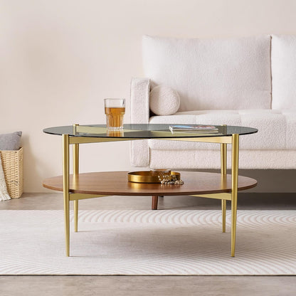 Extra Large Round Coffee Table, Mid-Century Modern Design, D34 x H17 in, for Living Room, 2-Tier Structure, Clear Glass Top and Walnut MDF Shelf, Sleek Conical Metal Legs with Gold Finish