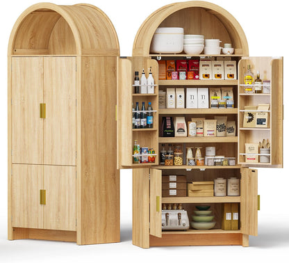 PRETZI 71" Arched Cabinet with Doors, Tall Arched Kitchen Pantry Storage Cabinet and Adjustable Shelves, Modern Fluted Natural Wood Cupboard for Kitchen, Dining Room, Bathroom