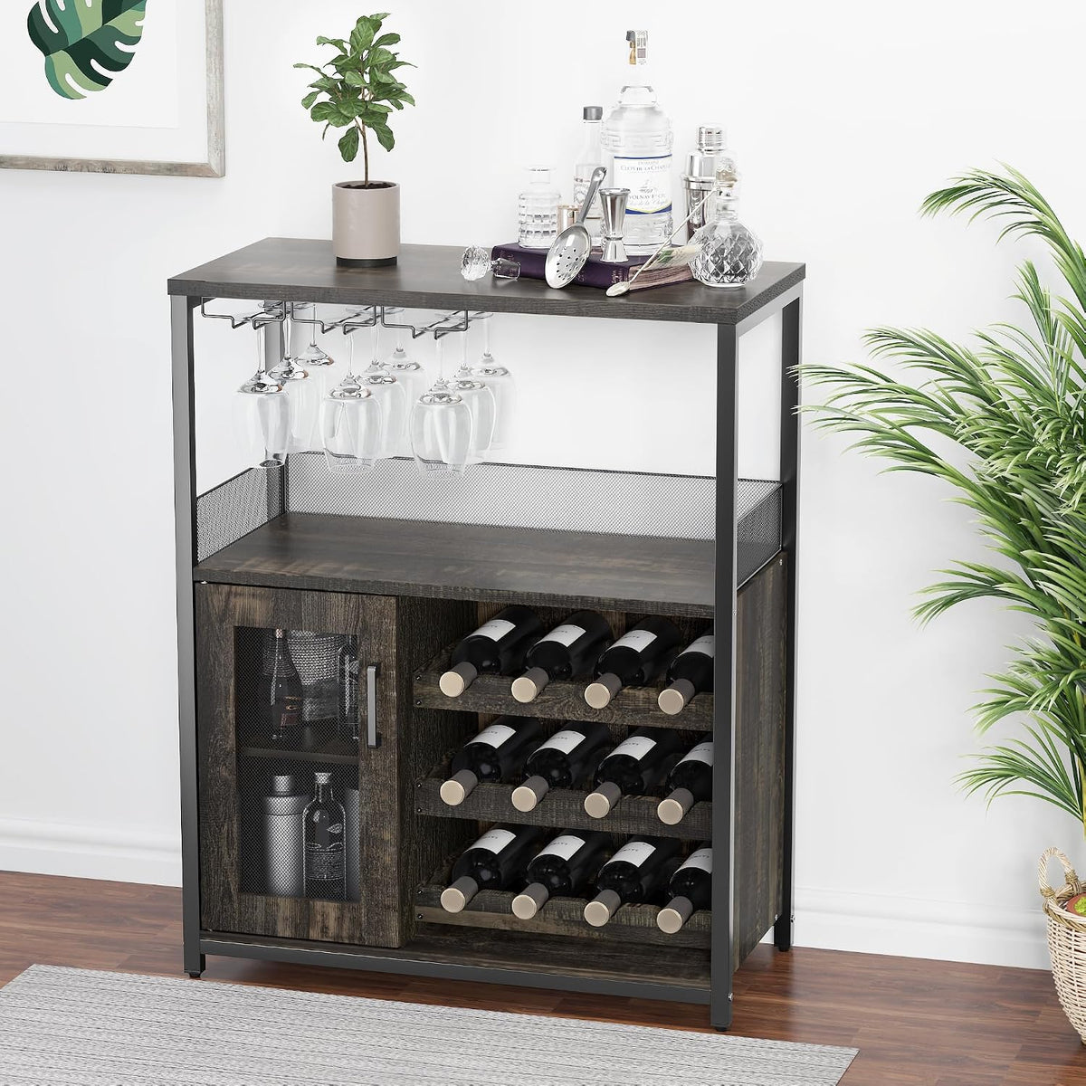 Takywep 3-Tier Wine Bar Cabinet with Removable Wine Rack, Glass Holder, Industrial Buffet Cabinet with Mesh Doors, Storage Sideboard for Kitchen, Dining Room, Living Room