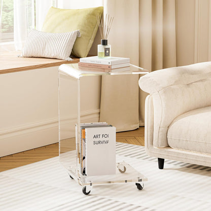 C-Shape Acrylic Side Table with Wheels,13.8" L x 13" W x 22" H x 1/2" Thick Clear End Table,Transparent Nightstand with Waterfall Edges,Modern Lucite Side Table for Living Room