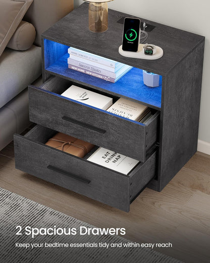VASAGLE 23.6‑Inch Wide Nightstands, Set of 2, LED Lights, 2 Drawers