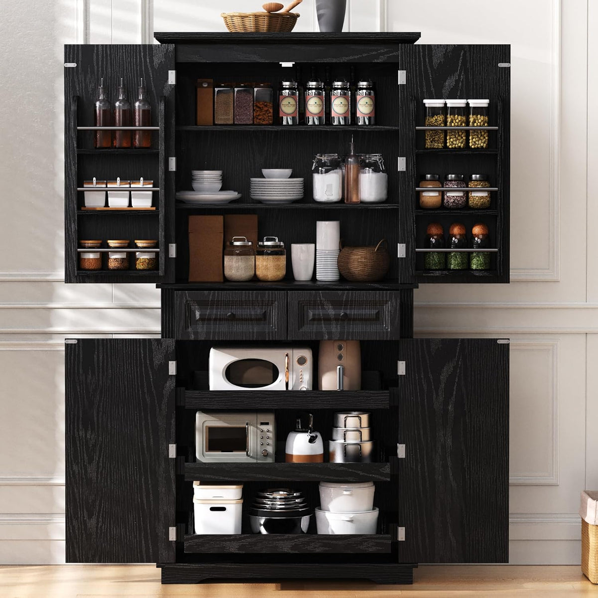 71" Tall Kitchen Pantry Cabinet with 3 Pull Out Organizers, Black Storage Cupboard with 6 Door Shelves, 2 Drawers, Freestanding Pantry for Kitchen Dining Room (Black)