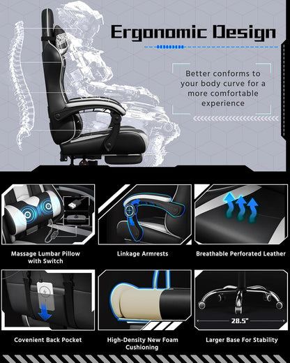 Yaheetech Gaming Chair with Footrest Massage Lumbar Pillow Black and White | Foam-padded PU leather racing seat and plush headrest recline with a slide-out footrest; metal frame supports up to 300 lb.
