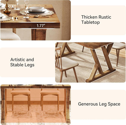 Solid Wood Dining Table for 4-6 People, 63 Inches Wooden Farmhouse Rectangular Kitchen Dinner Table with Heavy-Duty Legs for Home, Living Room, Dining Room, Rustic Brown