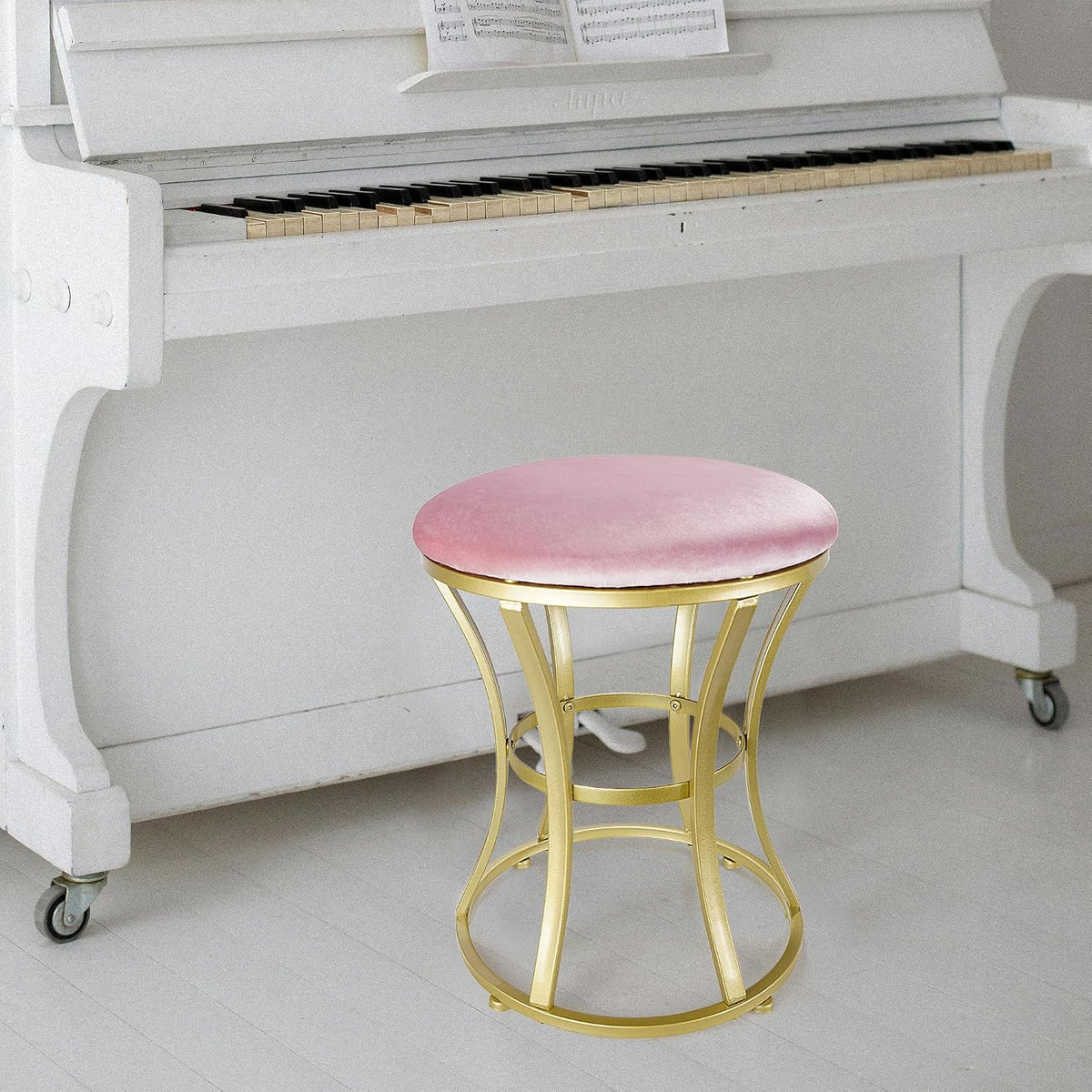 Vanity Chair, Small Velvet Vanity Stool & Ottoman Bench for Bathroom, Dorm | Foot rest Stools Pink Round Seat with Golden Metal Legs for Makeup Room, Entryway, Offices, Living Room, Dressing Table