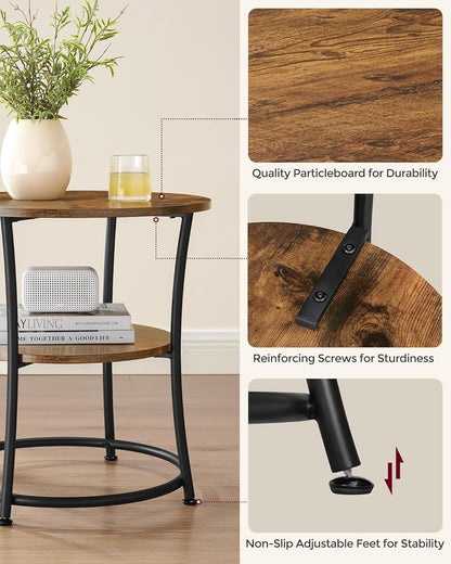 VASAGLE 21.7-Inch Round Side Table, 2-Tier End Table, Nightstand with Steel Frame, Spacious Top, for Small Spaces, Living Room, Bedroom, Rustic Brown and Ink Black ULET56BX