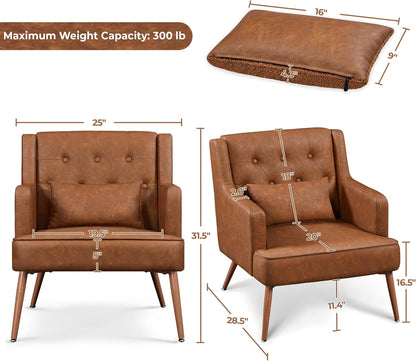 Yaheetech Accent Chair, Mid-Century Modern Armchair, Retro Brown | Faux Leather Chair with Lumbar Pillow, Comfy Upholstered Reading Chair for Living Room, Bedroom and Small Spaces