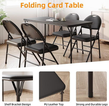 IDEALHOUSE 4 Feet Folding Table, Protable Foldable Card Table, Black | Metal Legs Support, Upholstered PU Leather Tabletop, Heavy Duty, No Assembly Required, Perfet for Indoor and Outdoor