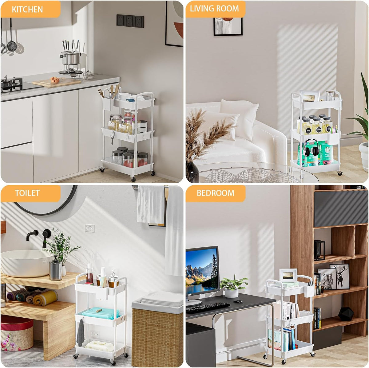 3 Tier Rolling Utility Cart with Handle,REBECAT Utility Cart Made of Multifunctional Storage Organizer Tool for Kitchen,Bathroom,Living Room,Office(White)