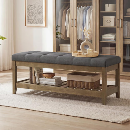 SONGMICS Storage Ottoman with Solid Wood Frame, 42.9 x 15.7 x 17.7 Inches | Rectangular Upholstered Bench, Footrest, Tufted Cushion, Easy Assembly, Slate Gray, MARY Collection ULSF009GN01