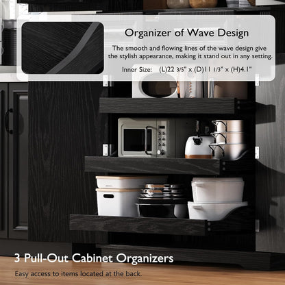 71" Tall Kitchen Pantry Cabinet, Freestanding Pantry Storage Cabinet with 3 Pull Out Organizers, 6 Door Shelves & 2 Drawers, Farmhouse Embossed Texture Cupboard for Kitchen, Dining Room, Black