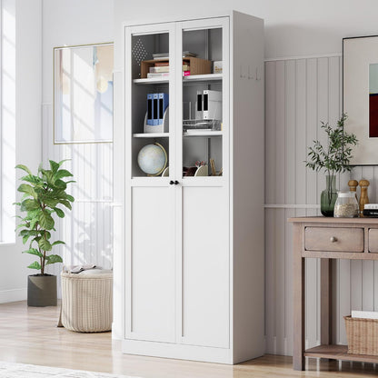 Kitchen Pantry Cabinet, 72" H Storage Cabinet with Glass Doors and Adjustable Shelves, Metal Bathroom Cabinets, Utility Cabinets for Kitchen, Living Room Assembly Required, White