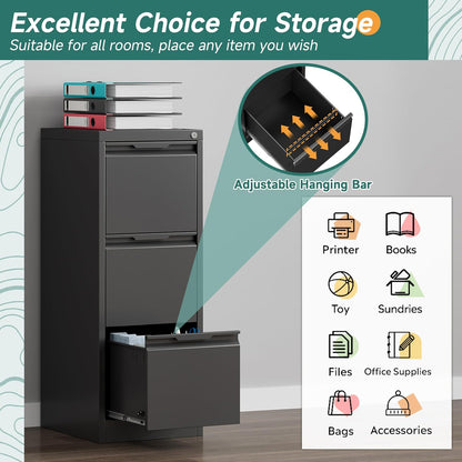 3 Drawer Metal Vertical File Cabinet with Lock for Home Office | 17.8"D x 15"W x 38.4"H,Small Under Desk Cabinet,Adjustable Hanging Bar,Fits 4A/Legal/Letter Size File,Easy Assembly,Black