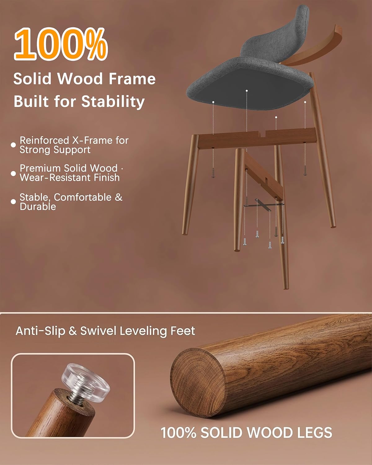 Solid Wood Dining Chairs Set of 4, Mid‑Century Modern Square Seat Cushion Chairs with Extra‑Thick 1.6" Legs and Curved Back, Heavy‑Duty Kitchen & Dining Room Chairs, Dark Grey