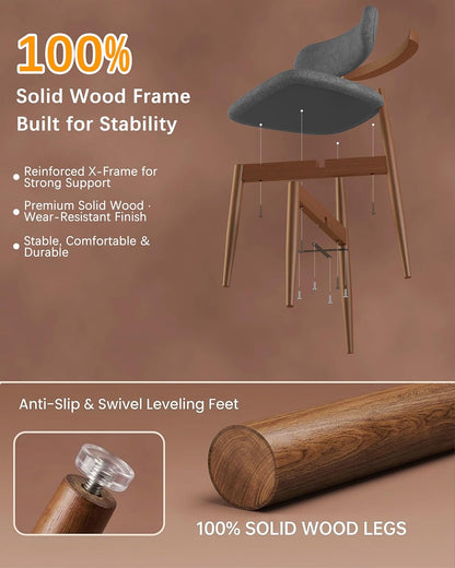 Solid Wood Dining Chairs Set of 4, Mid‑Century Modern Square Seat Cushion Chairs with Extra‑Thick 1.6" Legs and Curved Back, Heavy‑Duty Kitchen & Dining Room Chairs, Dark Grey