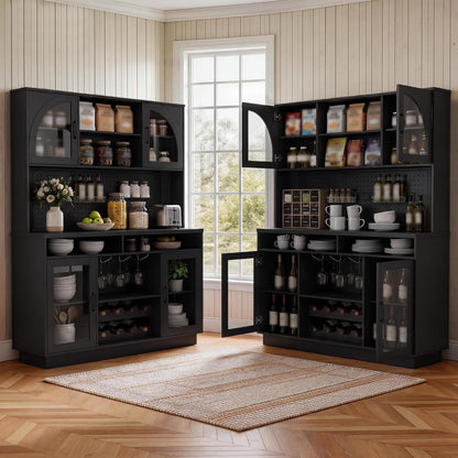 BINGTOO 71" Tall Kitchen Pantry Cabinet with Charging Station, 54" Large Kitchen Hutch with LED Lights & Pegboard, Coffee Bar Cabinet with Wine Rack and Adjustable Shelves (Black, 1 Cabinet)