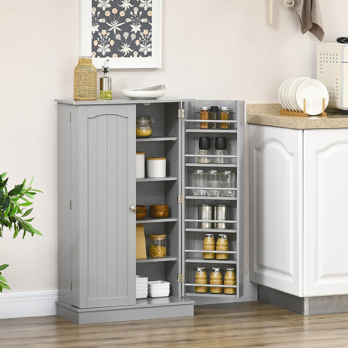 41" Paper Gray Kitchen Pantry Cabinet Freestanding Vertical Cupboard with Double Doors 5-Tier Interior Shelves & 12 Door Racks Adjustable Storage