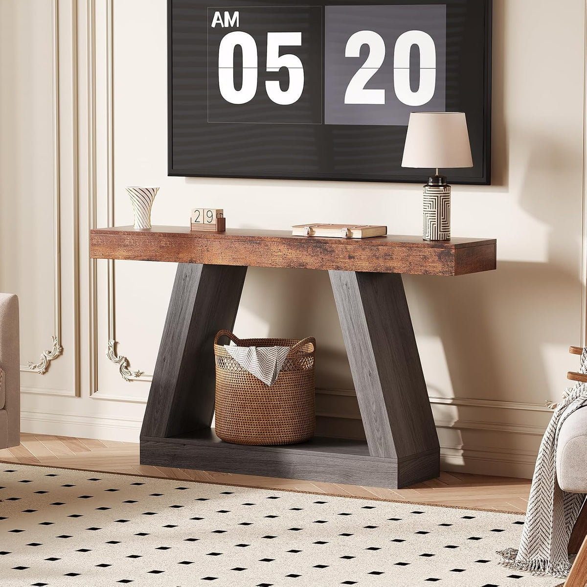 55in Farmhouse Console Table - 2-Tier Wooden Trapezium Sofa Table - Skinny Entryway Furniture with Open Storage Shelf - Ideal for Living Room, Behind Couch, Hallway - Gray