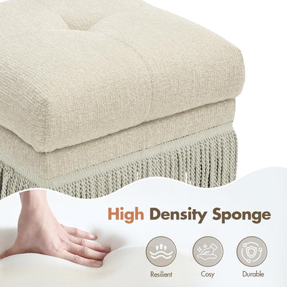 Hyfirm Brown Upholstered Ottoman Footstool with Fringe Skirt, 21.5" Square | Modern Tufted Soft Padded Footrest Cushion, Decorative Boho Tassel Vanity Accent Stool for Living Room Bedroom Entry