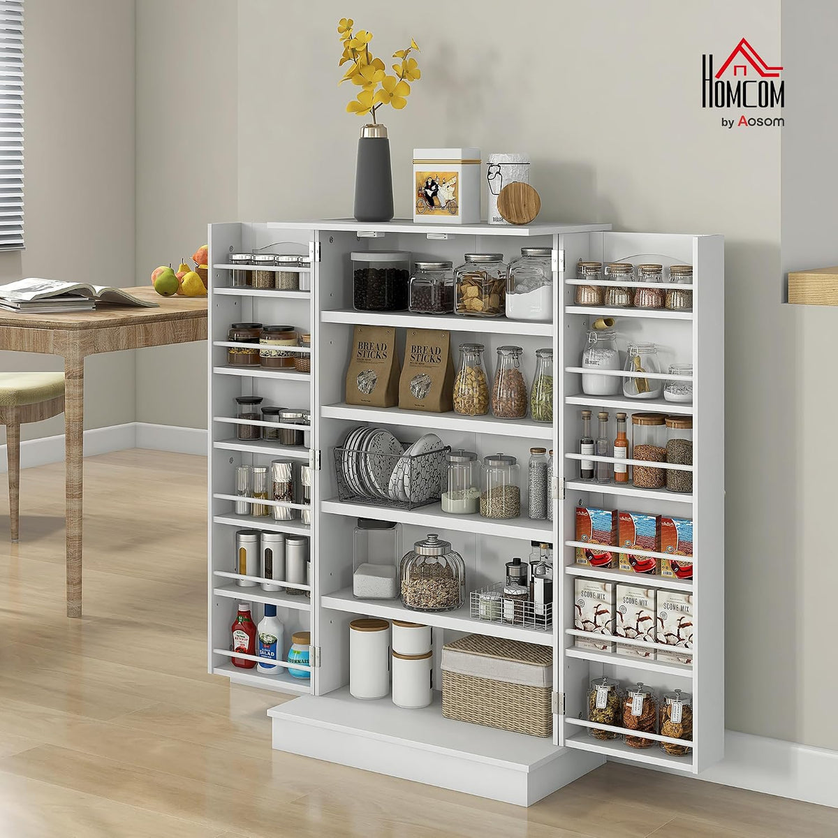 HOMCOM 41" Kitchen Pantry Storage Cabinet, Freestanding Kitchen Cabinet with 12 Door Shelves, Double Doors, 5-Tier Shelving and Adjustable Shelves, White