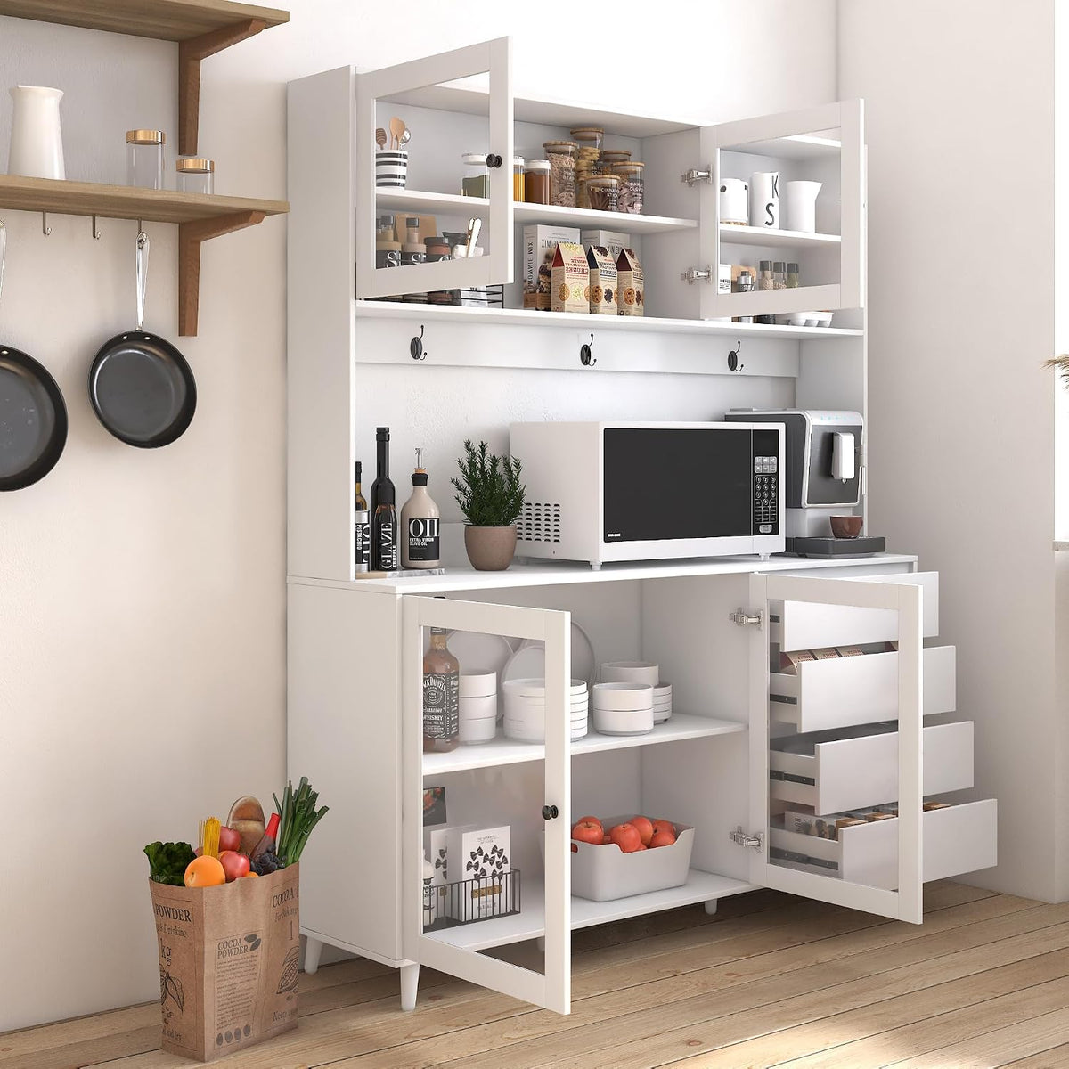63" W Large Kitchen Hutch Cabinet, Freestanding Pantry Cupboard with 4 Doors, 4 Drawers & Microwave Shelf,for Kitchen Dining Room Bedroom (White#L)