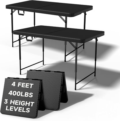 Folding Table 4 Foot - 3 Level Adjustable Height, HDPE Wicker Pattern, Heavy Duty 440LBS Capacity, Portable - for Camping, Party, Indoor & Outdoor Use, 2 Pack