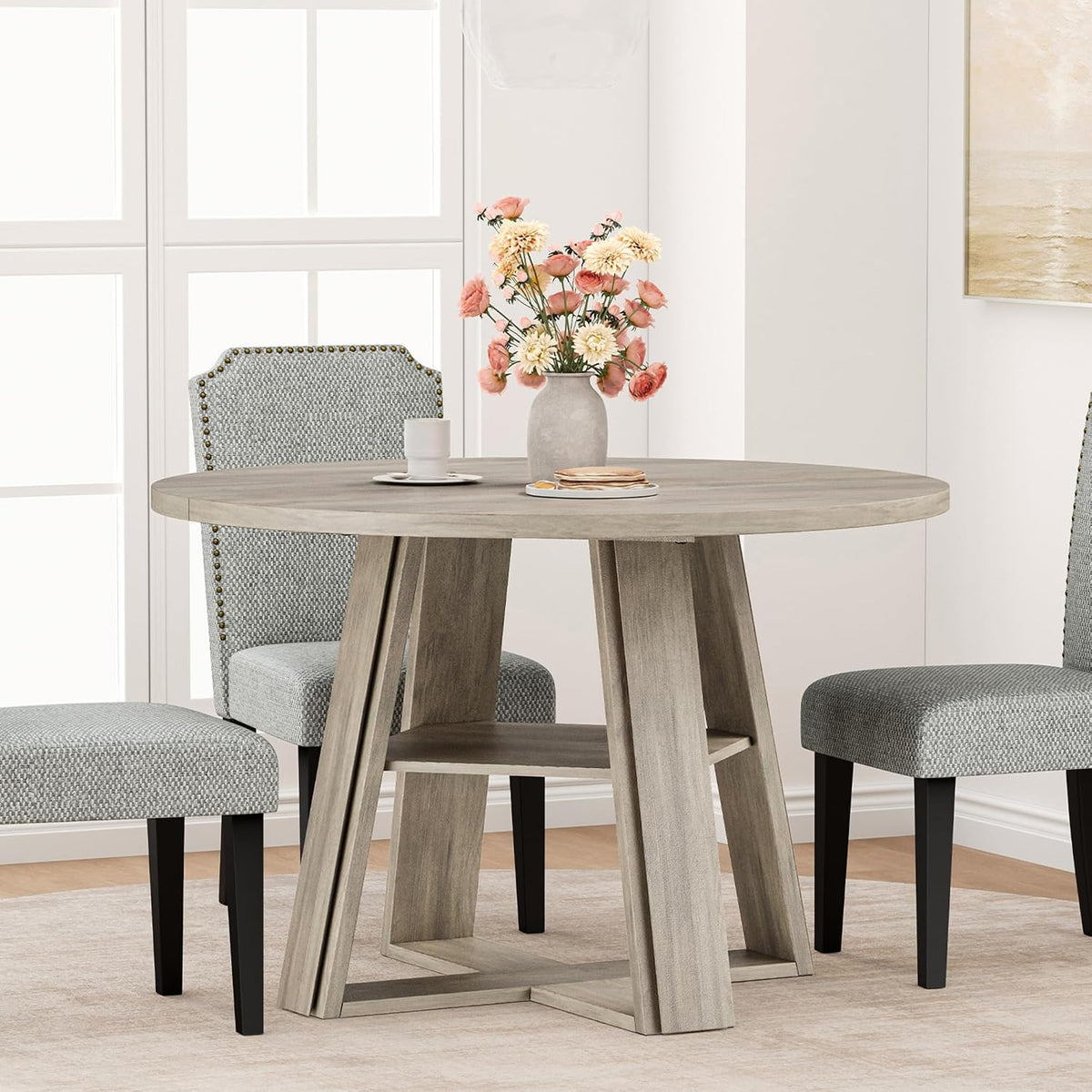 GarveeHome 43.3" Round Dining Table for 2-4 People, Circle Kitchen Table with Wooden Pedestal Base and Storage Shelf for Small Space Saving for Living Room, Apartment (Table Only)
