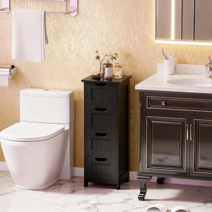 Bathroom Floor Storage Cabinet, Freestanding Wooden Side Organizer w/4 Drawers & Anti-Tip Kit for Bathroom Living Room Hallway Office Study, Black