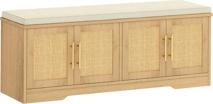 Rattan Shoe Storage Bench, 47.2" Wide Entryway Bench, Natural Oak | 2 Tier Shoe Bench with Padded Cushion, Hidden Shoe Rack Bench with Adjustable Shelves, for Hallway Living Room, Bedroom
