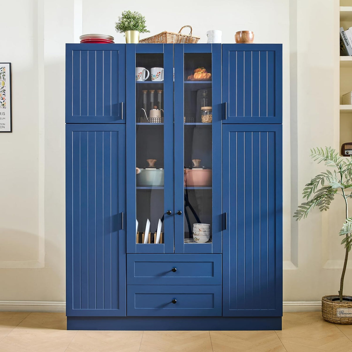 VilroCaz Wood Large Kitchen Pantry with 6 Doors, 53.2''Lx17.7''W Storage Cabinet Cupboard with Drawers, Adjustable Shelves, Pull-Out Trays and Wine Rack for Dining Room (Blue-4.19)