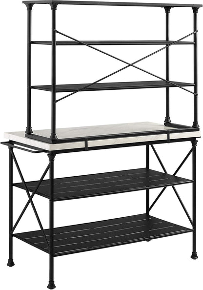 Crosley Furniture Madeleine Kitchen Island and Hutch with Shelves for Storage, Microwave Stand, Coffee Bar, Steel with Faux Marble Top