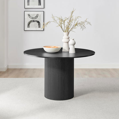 Furniturebox UK Dining Table - 'Penrose' Black 120cm 4-6 Seat Round Wooden Pedestal Dining Table - Melamine Veneer - Slatted Wood Pillar Leg - Modern Scandi Japanese Style Dining Furniture (Black)