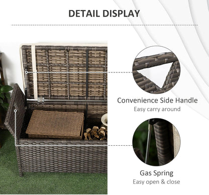 27 Gallon Patio Wicker Storage Bench, Outdoor PE Rattan Patio Furniture, 2 in 1 Large Capacity Rectangle Garden Storage Box with Handles and Cushion, Cream White