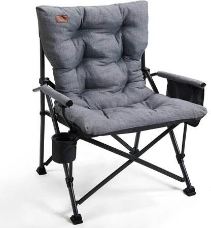 EVER ADVANCED Padded Oversized Folding Camping Chair for Adults, Heavy Duty Lawn Chair with Side Pockets, Portable Collapsible Quad Chair for Outside, Support Up to 500lbs, Grey