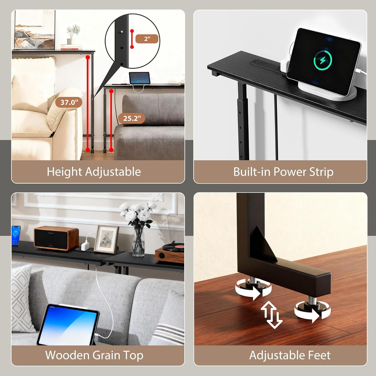 Keelian 90 inch Behind Couch Table with Outlets Adjustable Sofa Table Black