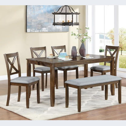 Harper & Bright Designs 6-Piece Dining Table Set with 4 Chairs and Bench, Modern Wood Kitchen Table Set for Dining Room, Breakfast Nook or Small Spaces, Walnut