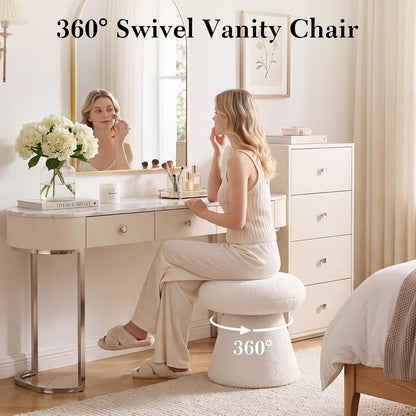FOXHUNTER Mushroom Pouf Ottoman with 360° Rotation, White | Footstool with Sponge Filling, No Assembly Required, Soft Shoe Stool, Makeup Chair for Living Room Bedroom Entrance