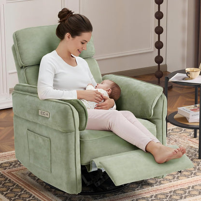 Power Recliner Rocking Chair with Adjustable Arms and Headrest,Green Fabric | Swivel electric glider,nursing chair glider for nursery, storage bags and USB port included, FSC certified