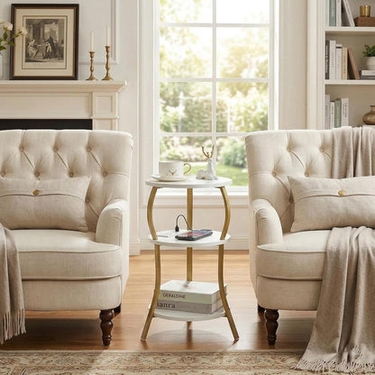 Small Round Side Table with Charging Station, 3-Tier Waist Circular End Table with Storage Shelf, Compact Tea Sofa Side Table Small Spaces, Round Corner Coffee Table for Living Room Bedroon,White+Gold