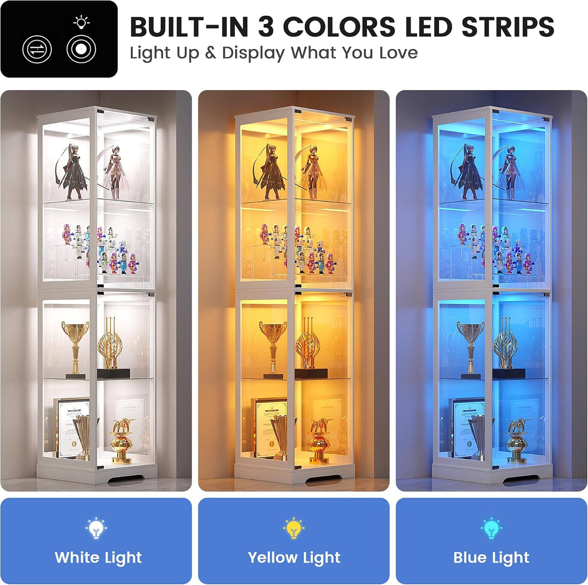 Glass Display Cabinet with Doors, 65" Tall 4-Tier Curio Display Case with 3 Color Lights and Human Body Sensor, Bookcase for Collectibles, White