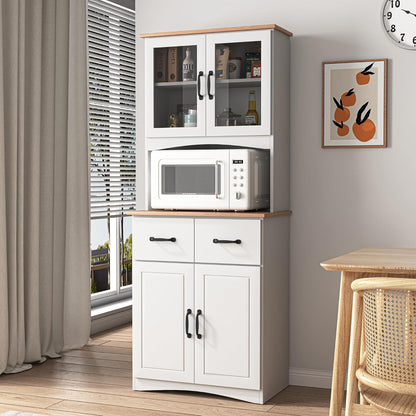 Kitchen Pantry Storage Cabinet with Framed Glass Doors and Drawer, Microwave Stand with Adjustable Shelves, Freestanding Cupboard for Kitchen, Dining Room or Apartment