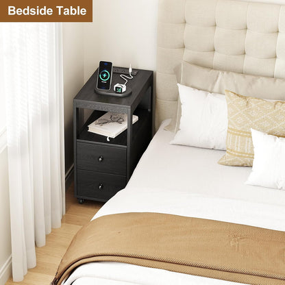Narrow End Table with Charging Station and Wheels, Movable Narrow Sofa Side Table with USB Ports and Outlets for Small Space, Living Room, Bedroom and Office, Bedside with 4 Wheels (Black)