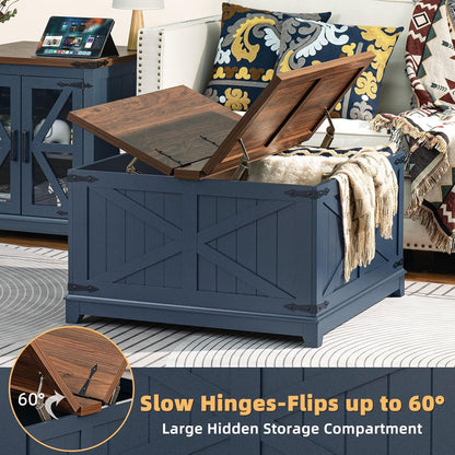 Joaxswe Farmhouse Coffee Table Set 3, End Table and Coffee Table | Blue 24'' Side Table with Charger and Coffee Table with Hidden Storage Organizer, Center Table Set for Living Room,Office