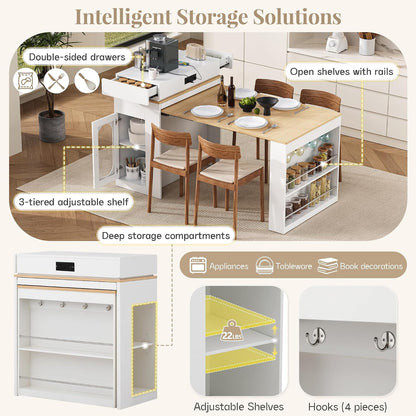 Extendable Dining Table with Storage, Transformer Console Table for 1-4 People, Mobile Rolling Island Table Space Saving Dining Room Table with Built-in Outlet for Homes, Apartments, Cream White