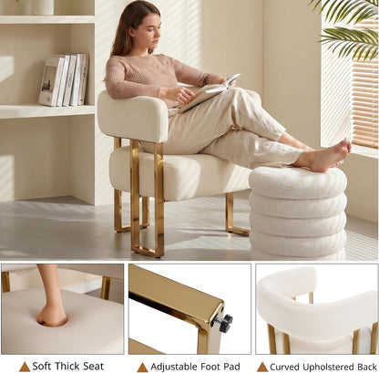 Modern Barrel Accent Chairs Set of 2, Living Room Side Chairs with Golden Metal Legs, Soft Velvet Reading Armchairs for Bedroom, Upholstered Club Chairs for Reception Room/Office, Ivory